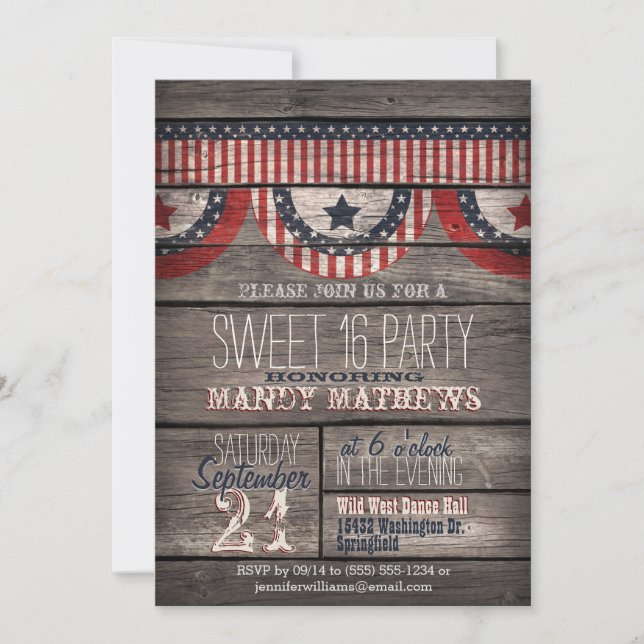 Stars & Stripes on Rustic Wood Sweet 16 Party Invitation (Front)