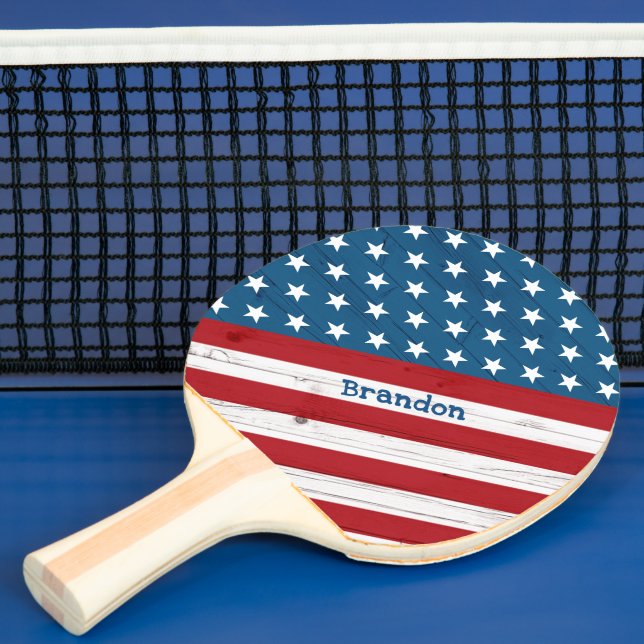 Stars Stripes Patriotic Rustic Wood American Flag Ping Pong Paddle (Insitu)