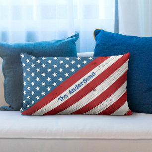 Stars Stripes USA Rustic American Flag Custom Name Lumbar Cushion