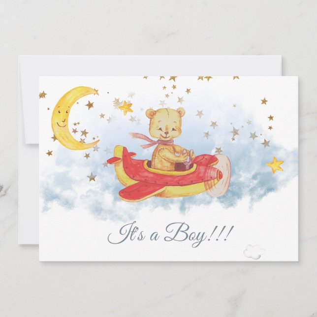 *~*  Stars Teddy Bear Red Plane Baby Boy Shower Invitation (Front)
