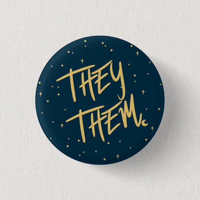 Stars They /Them Pronouns in Navy and Gold 3 Cm Round Badge (Front)