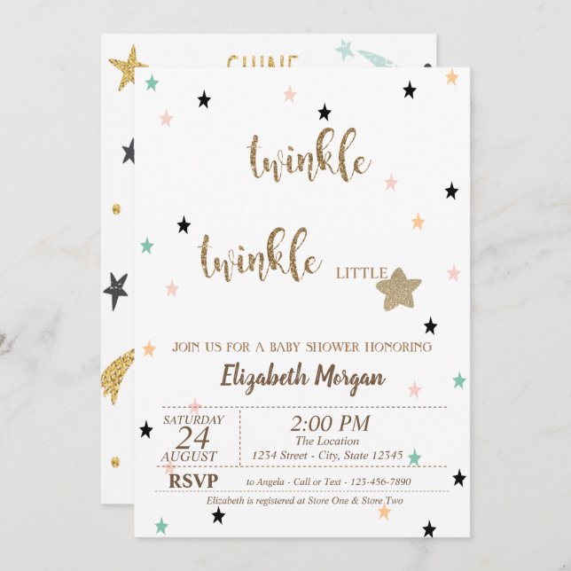 Stars, Twinkle Twinkle Little Star Baby Shower Invitation (Front/Back)