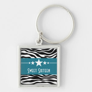 Stars Zebra Print Sweet 16 Keychain, Blue Key Ring
