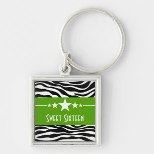 Stars Zebra Print Sweet 16 Keychain, Green Key Ring