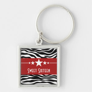 Stars Zebra Print Sweet 16 Keychain, Red Key Ring