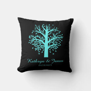Start of New Family Tree, names/date; aqua/black Cushion