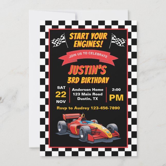 Start Your Engines Kids Birthday Party Invitation (Front)