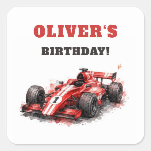 Start Your Engines! Red Race Car Birthday Square Sticker