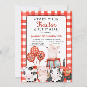 Start Your Tractor Joint Birthday Red farm animal Invitation