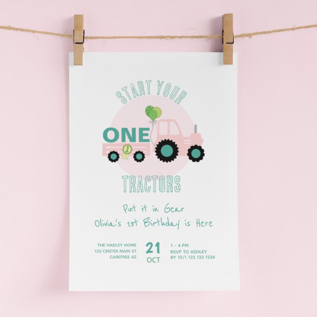 Start Your Tractors Pink 1st Birthday Invitation (Creator Uploaded)