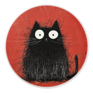 Startled Black Cat on Vivid Crimson Ceramic Knob