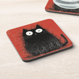 Startled Black Cat on Vivid Crimson Coaster