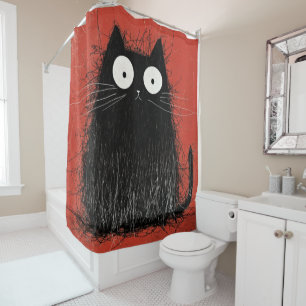 Startled Black Cat on Vivid Crimson Shower Curtain