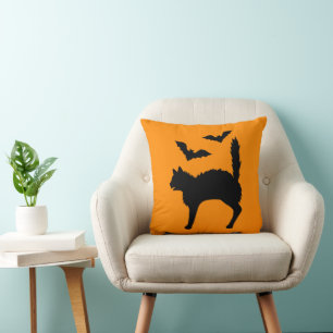 Startled Halloween Cat And Bats Silhouette Orange Cushion