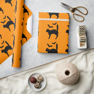 Startled Halloween Cat And Bats Silhouette Orange Wrapping Paper