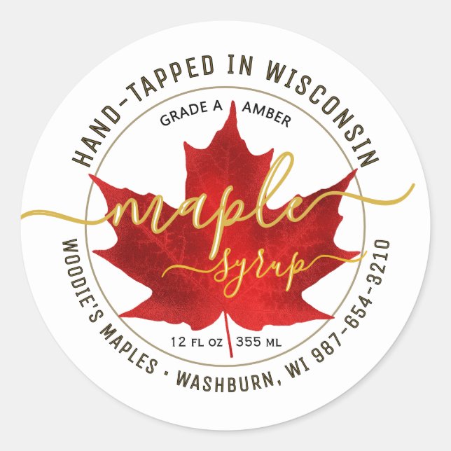 State Name Fancy Font Maple Syrup Red Leaf Gold    Classic Round Sticker (Front)