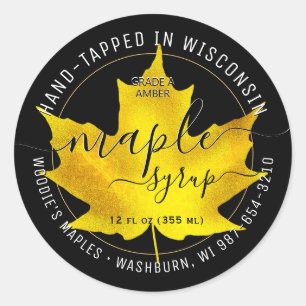 State Name Fancy Font Maple Syrup Yellow Leaf      Classic Round Sticker