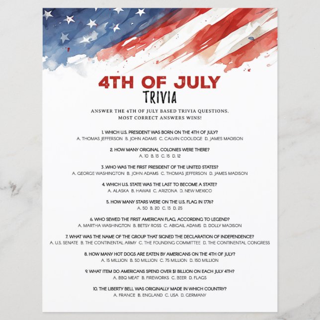 State Nickname 4th of July Party Game (Front)