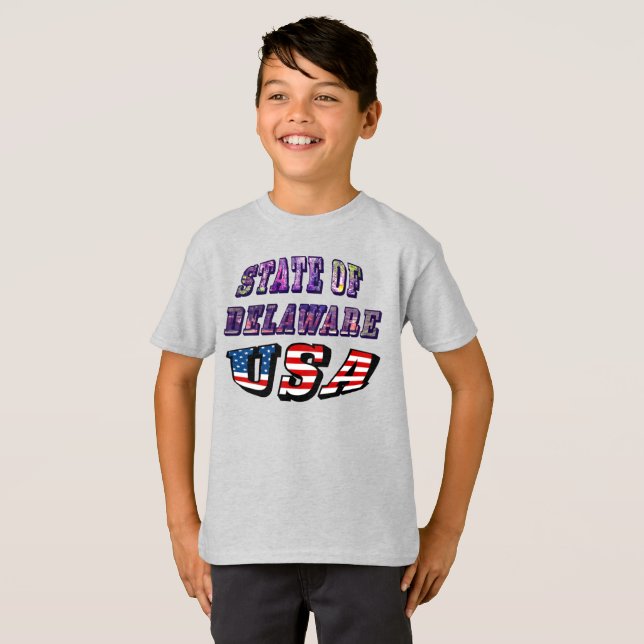 State of Delaware USA Photo & Flag Text T-Shirt (Front Full)
