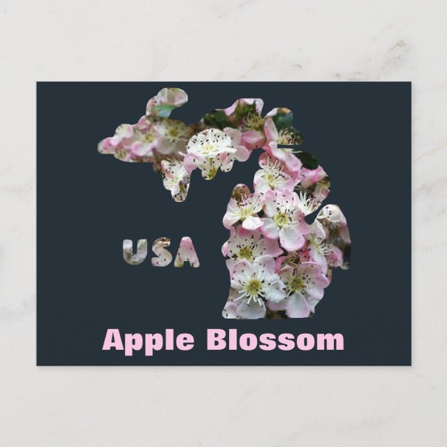 State of Michigan and Apple Blossoms Postcard (Front)