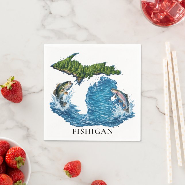 State of Michigan Graphic with Jumping Fish Napkin (Insitu)