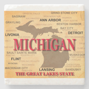 State Of Michigan Map, Detroit, Lansing Stone Coaster