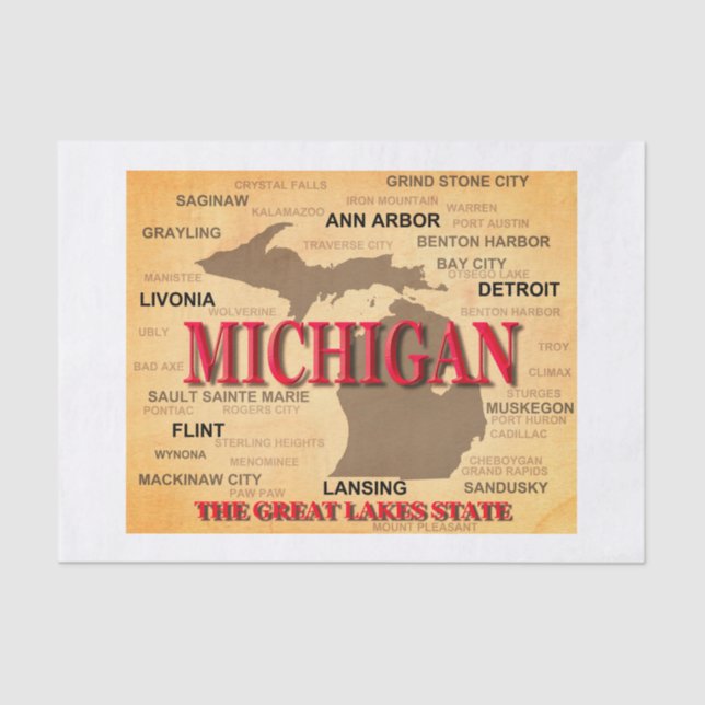 State Of Michigan Map, Detroit, Lansing Tissue Paper (Front)
