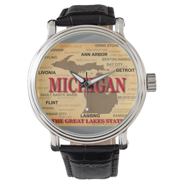 State Of Michigan Map, Detroit, Lansing Watch (Front)