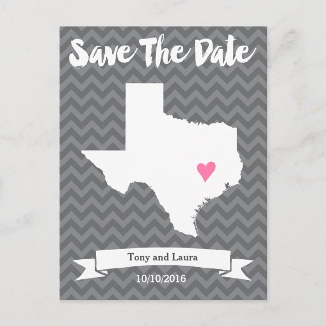 State of Texas Chevron Save The Date Heart Map Art Announcement Postcard (Front)