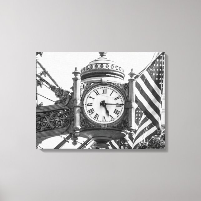 State Street Clock | Black and White Landscape Canvas Print (Front)