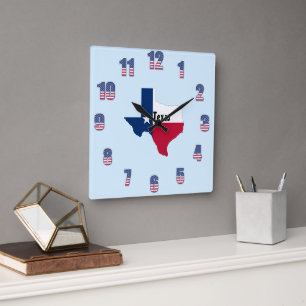 State Texas Patriotic Colour Numbers Square Wall Clock