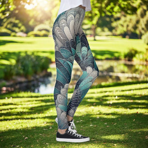 Statement Art Nouveau Blue Silver Fans Leggings
