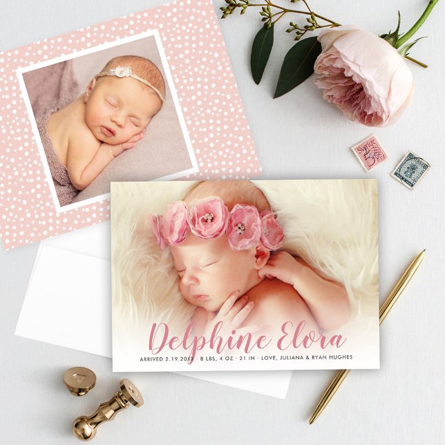 Statement Name Rosy Pink Script Baby Photo Birth Announcement (Creator Uploaded)
