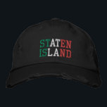 STATEN ISLAND NY Green White and Red Vintage style Embroidered Hat<br><div class="desc">STATEN ISLAND New York Italy Flag Colours Green White Red embroidered on vintage style distressed black cotton hat.  Also available is the option to select choice of hat colour on the main item page.</div>