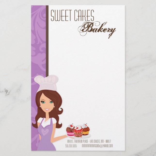Stationery - Brunette Baker Purple Cup Cakes Bake (Front)