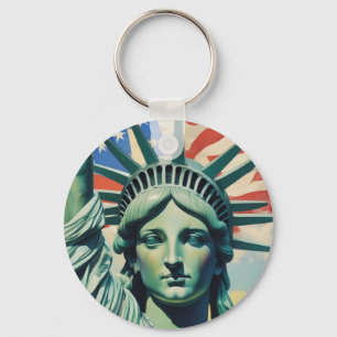 Statue of Liberty & American Flag Art New York Key Ring