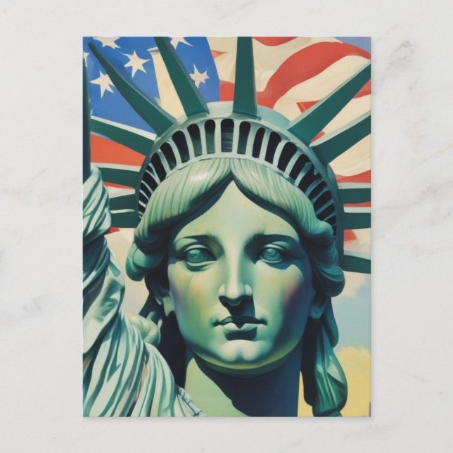 Statue of Liberty & American Flag Art New York Postcard (Front)