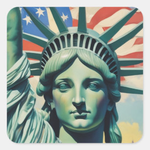 Statue of Liberty & American Flag Art New York Square Sticker