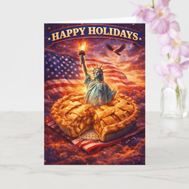 Statue of Liberty, Apple pie happy holidays greeti Card (Orchid)