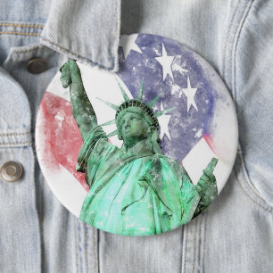 Statue of Liberty closeup with flag watercolor 6 Cm Round Badge