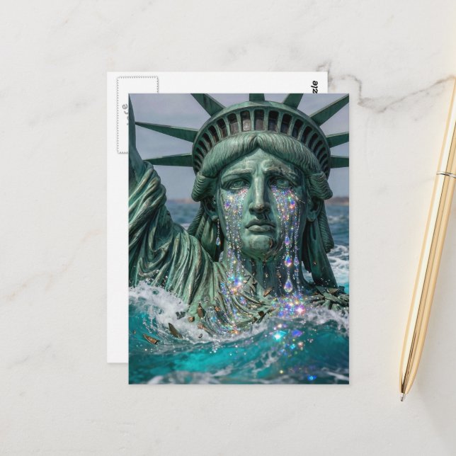 Statue of Liberty Cries and Melts in Water Postcard (Front/Back In Situ)