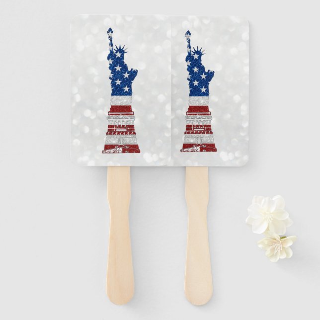 Statue Of Liberty July 4th Glitter Hand Fan (Front and Back)