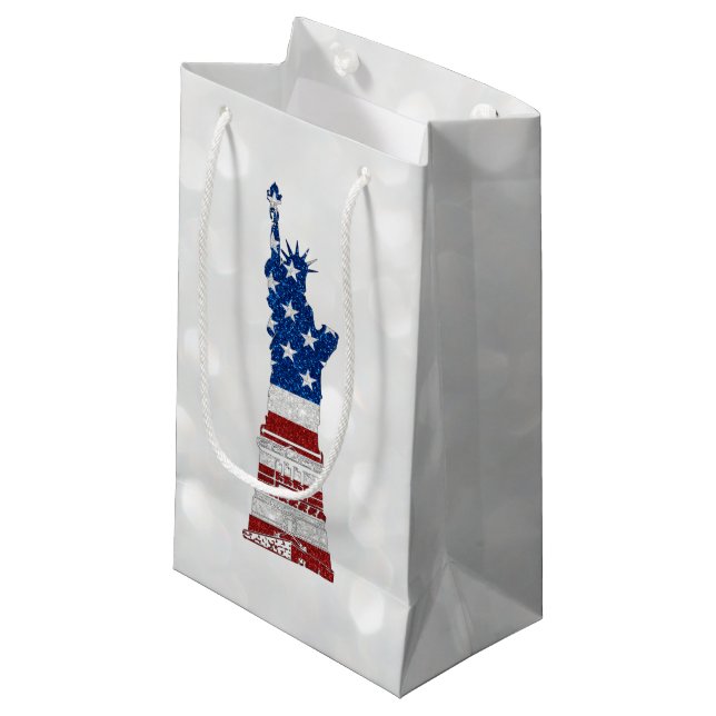Statue Of Liberty July 4th Glitter Small Gift Bag (Front Angled)