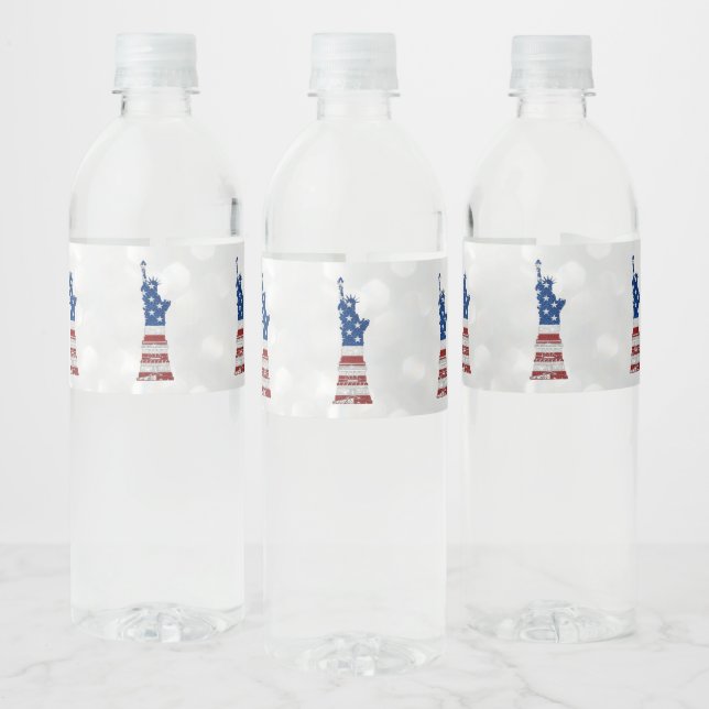 Statue Of Liberty July 4th Glitter Water Bottle Label (Bottles)
