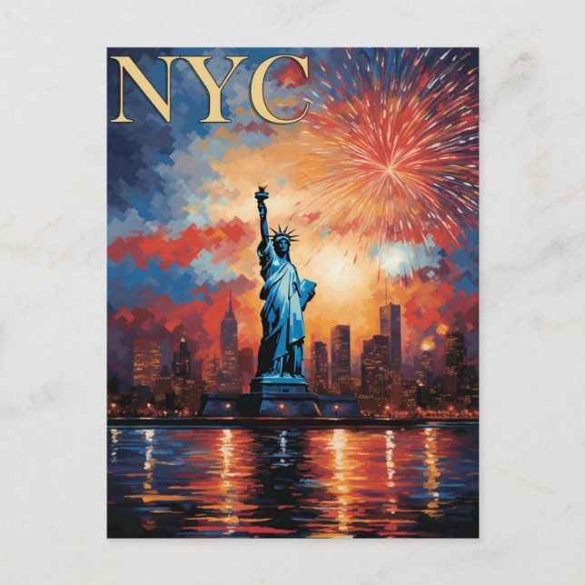 Statue of Liberty New York City Fireworks Travel Postcard (Front)