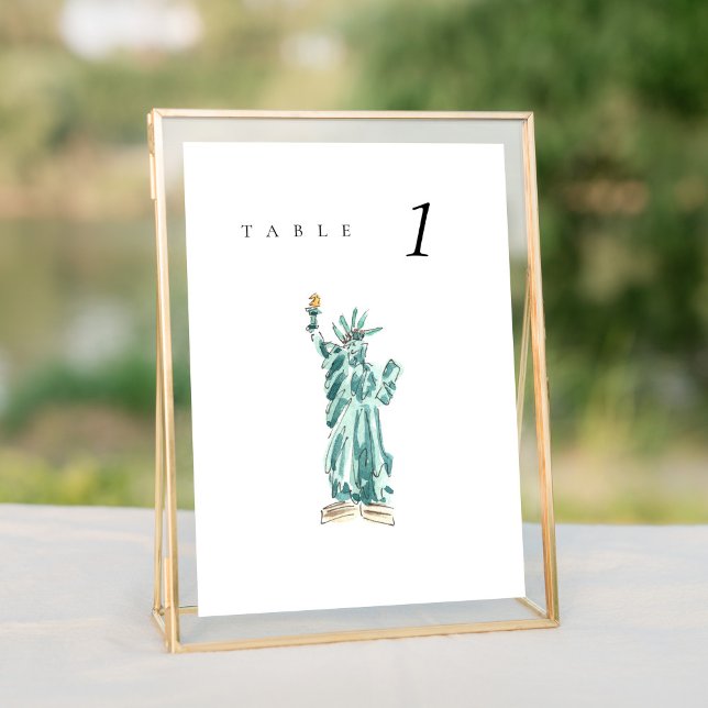 Statue of Liberty New York Wedding Table Number (Watercolor Statue of Liberty New York City Skyline wedding table number sign.)