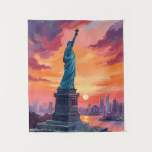 Statue of Liberty NYC Skyline Sunset Watercolor Tapestry