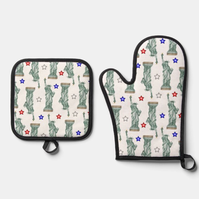 Statue of Liberty - Patriotic Stars Oven Mitt & Pot Holder Set (Front)
