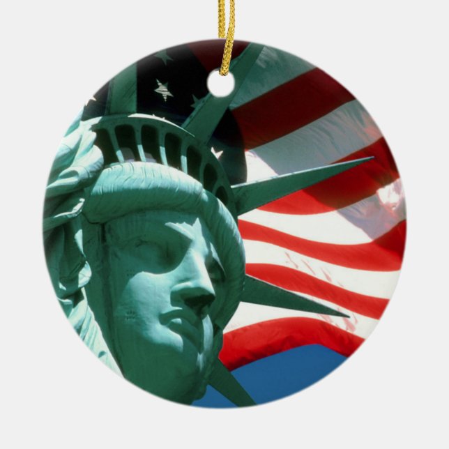 STATUE OF LIBERTY WITH AMERICAN FLAG CERAMIC TREE DECORATION (Front)