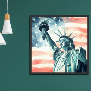 Statue of Liberty with American flag Photo Print